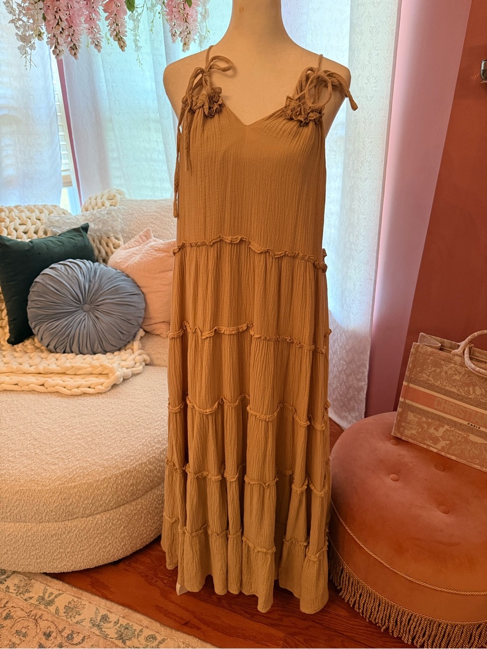 Charlie Holiday Tiered Maxi Dress in tan